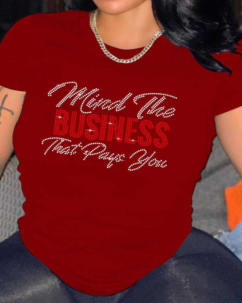 

Rhinestone Letter Pattern Casual T-shirt, Wine red
