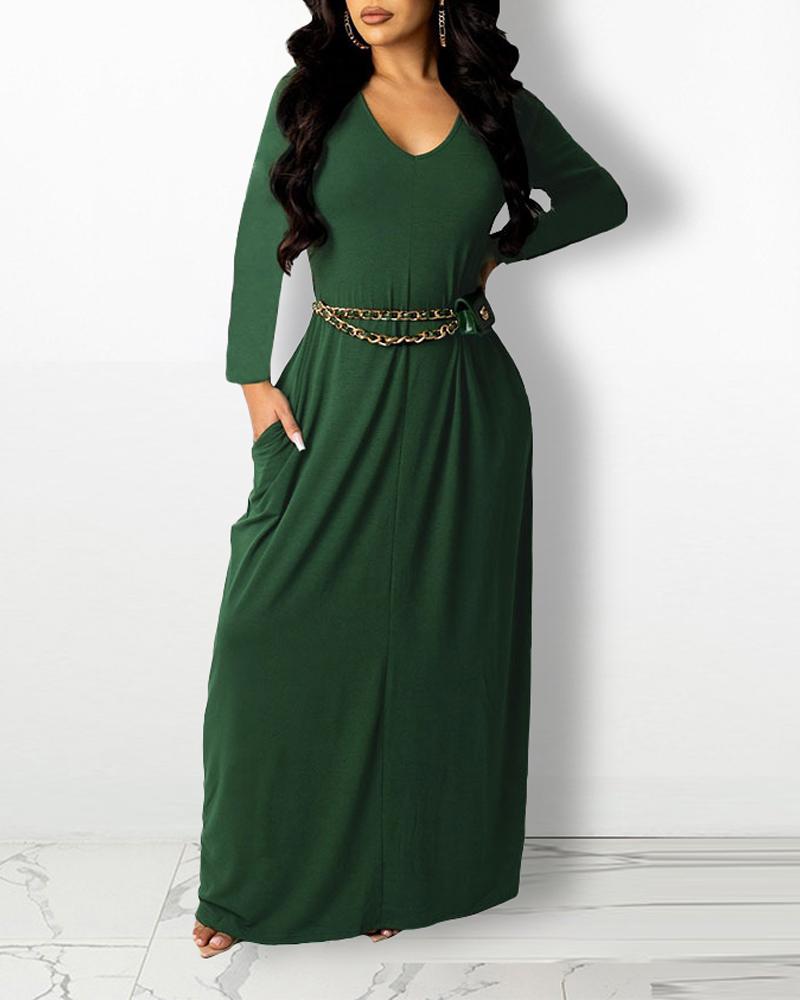 

Long Sleeve V-Neck Pocket Detail Maxi Dress, Green