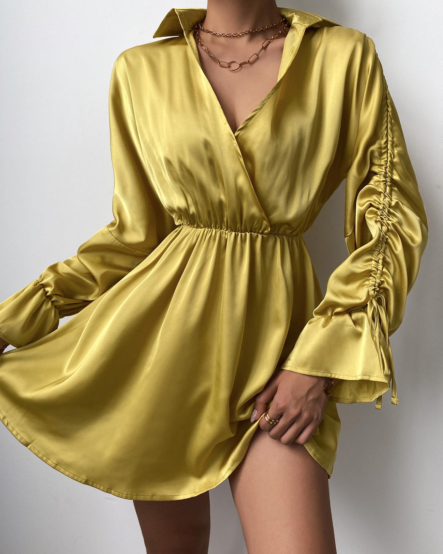 

Drawstring Ruched Flounce Sleeve Shirt Dress, Style1