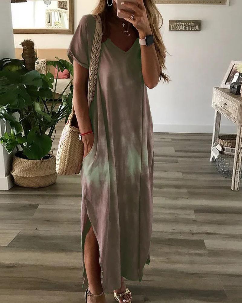 

Tie Dye Print Split Hem Pocket Design Casual Dress, Gray