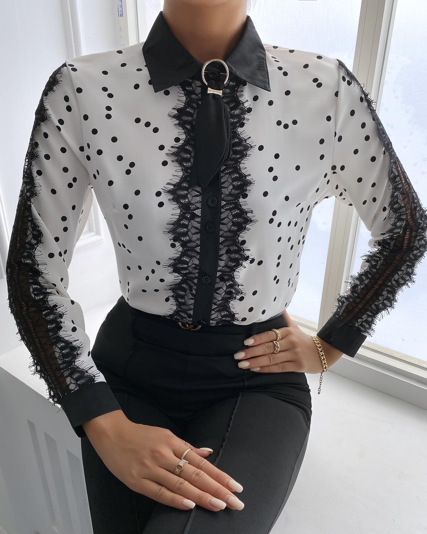 

Polka Dot Print Lace Trim Long Sleeve Shirt, White