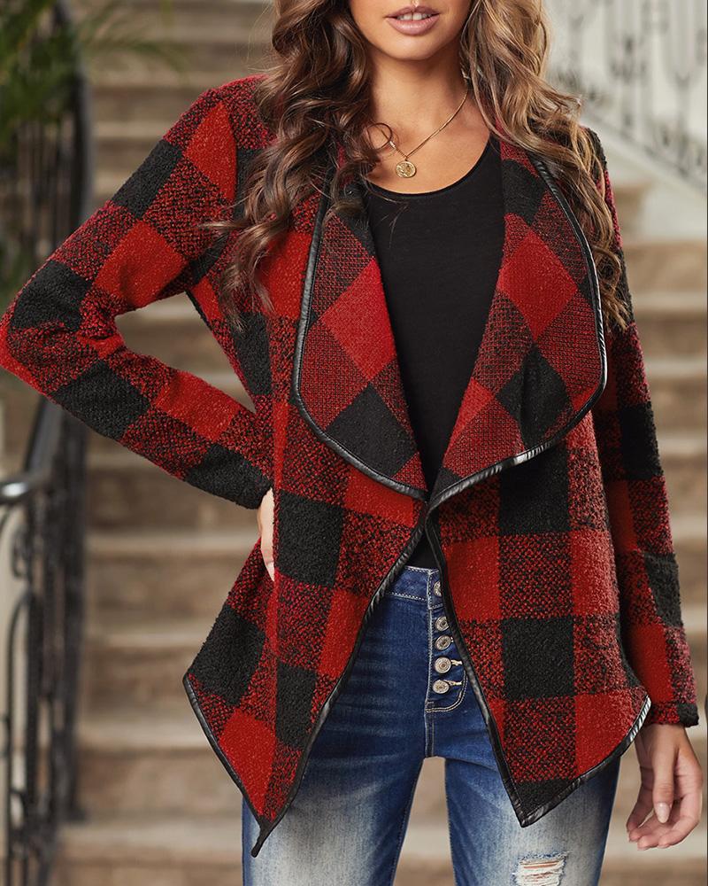 

Long Sleeve Plaid Print Asymmetrical Cardigan, Red