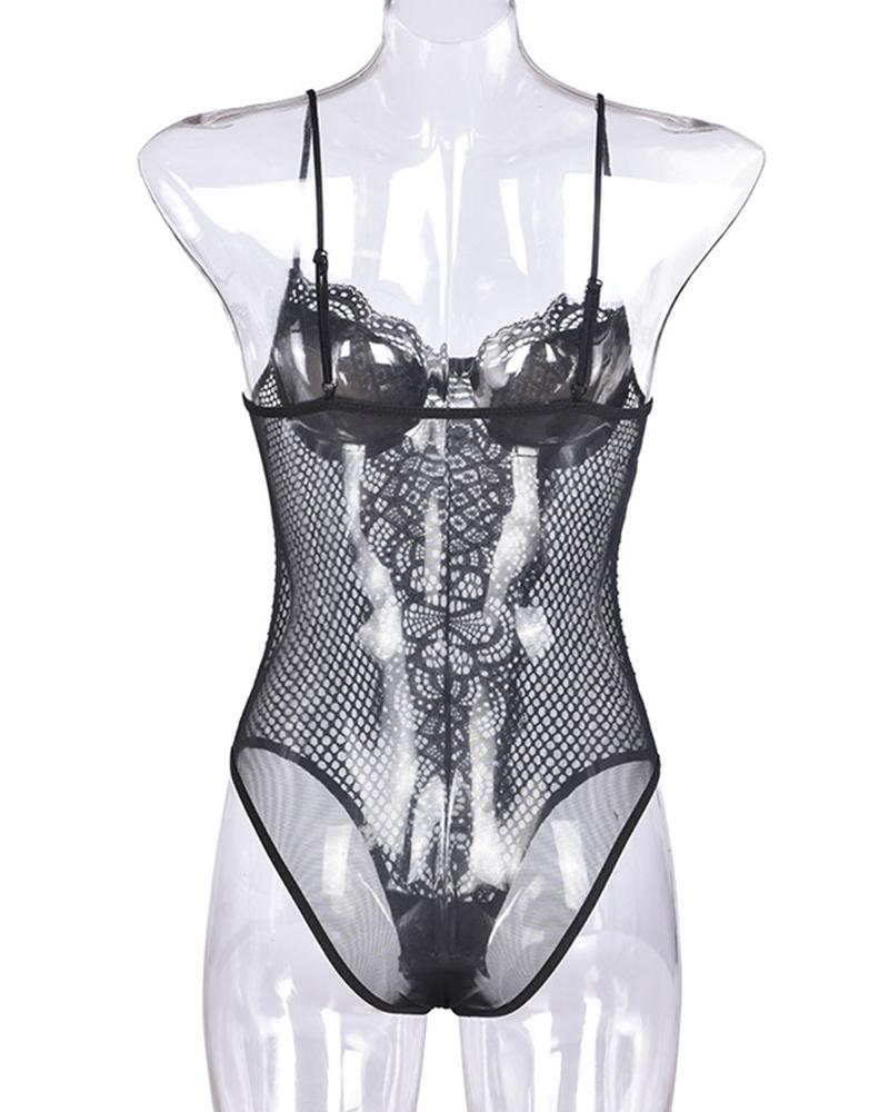 

Lace Coarse Mesh Stitching Sleeveless Skinny Sexy Bodysuit, Black