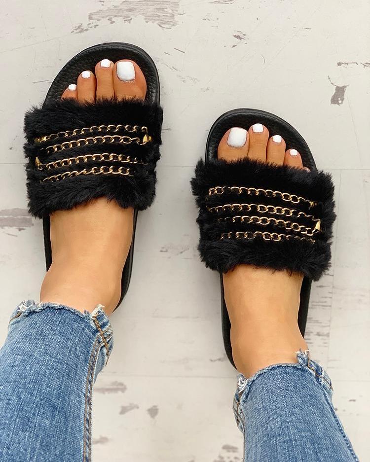 

Fluffy Chain Detail Open Toe Slippers, Black