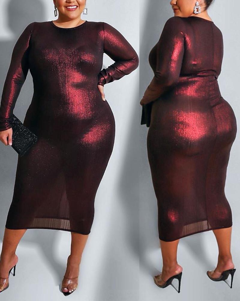 

Plus Size Metallic Long Sleeve Party Dress, Red