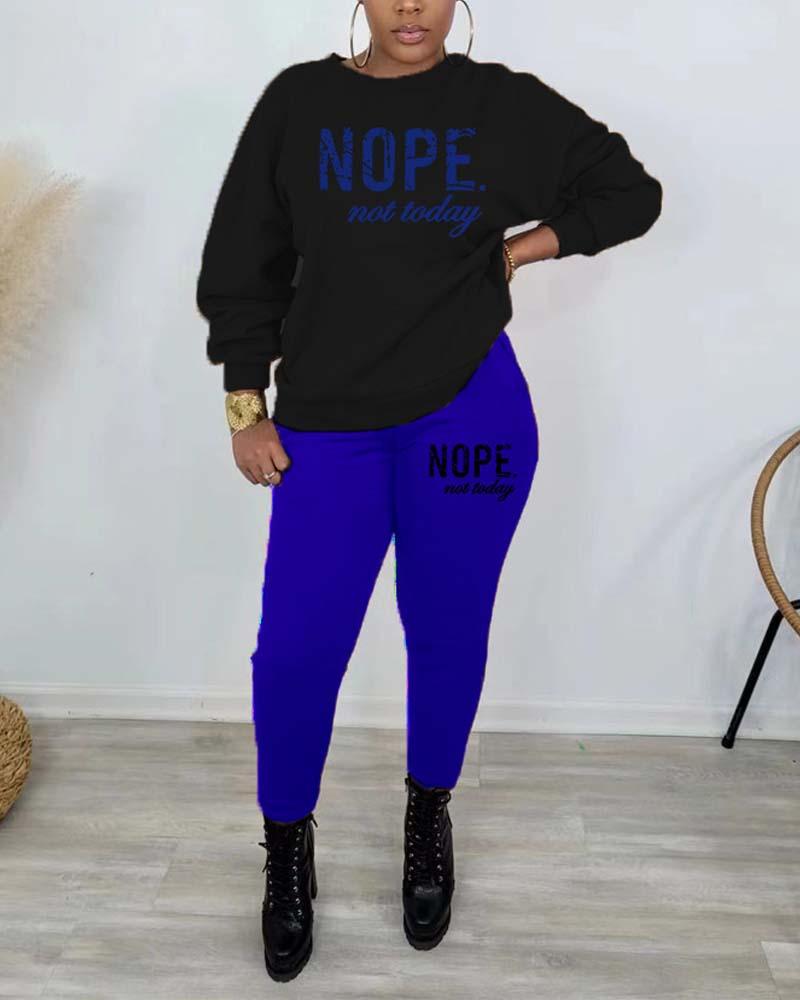 

Plus Size Letter Print Casual Top & Pants Set, Blue