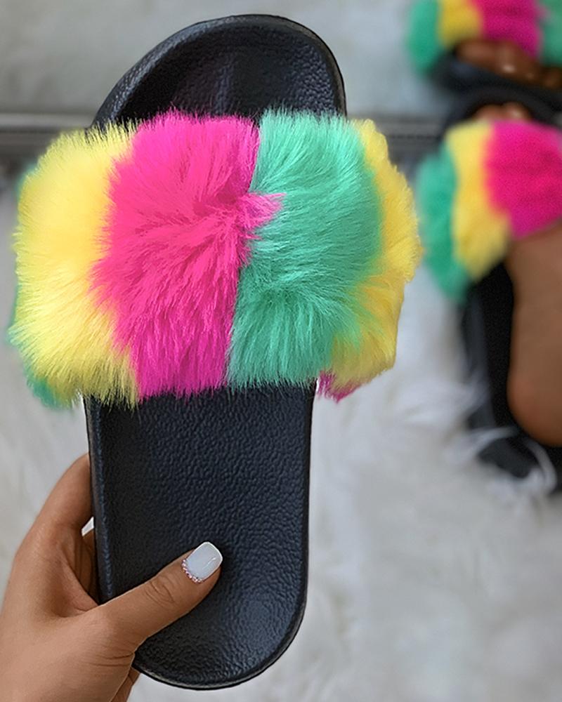 

Colorblock Open Toe Fluffy Slippers, Multicolor