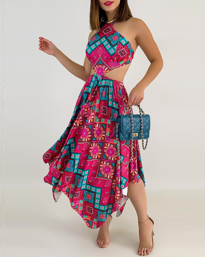 

Vintage Tribal Print Backless Asymmetrical Dress, Hot pink