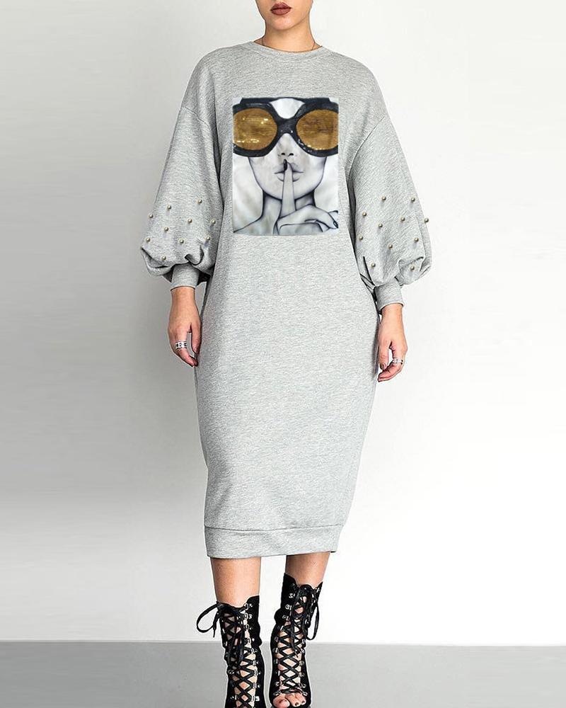 

Figure Print Sequins Beaded Lantern Sleeve Dress, Gray