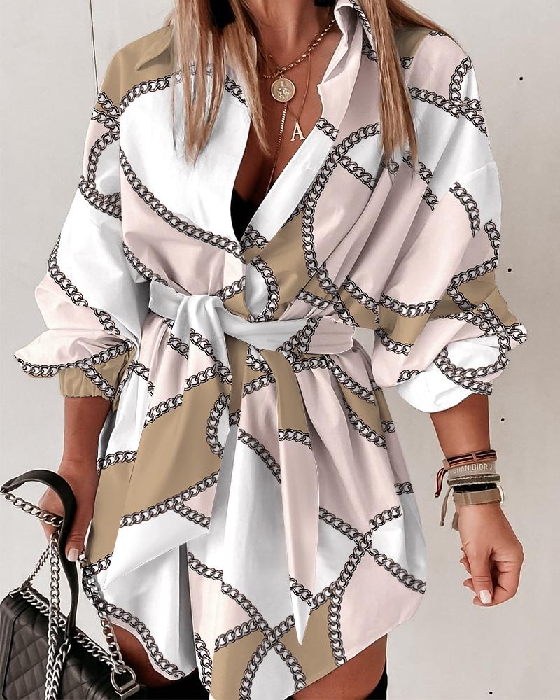 

Chain Scarf Print Lantern Sleeve Belted Shirt Dress, Pink