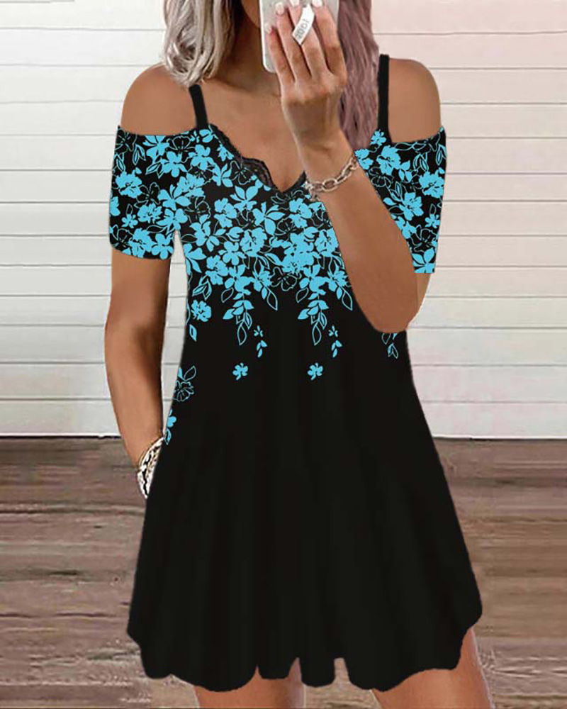 

Floral Print Cold Shoulder Casual Dress, Blue