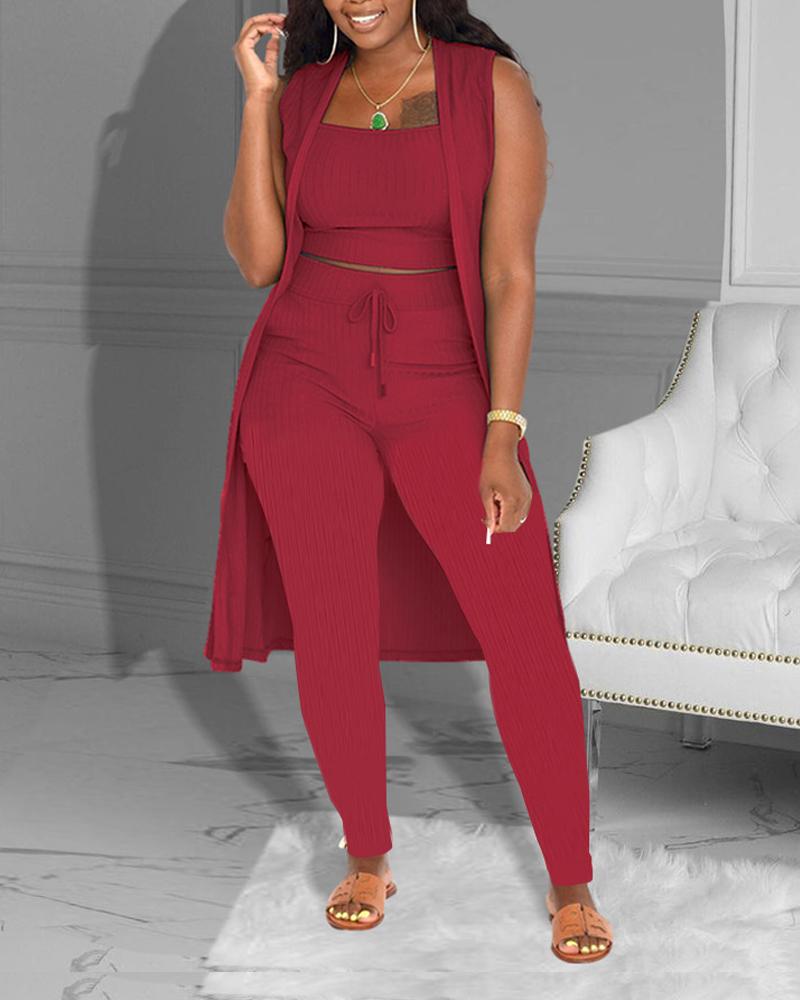 

3PCS Ribbed Crop Top & Pants Set With Vest Coat, Wine red