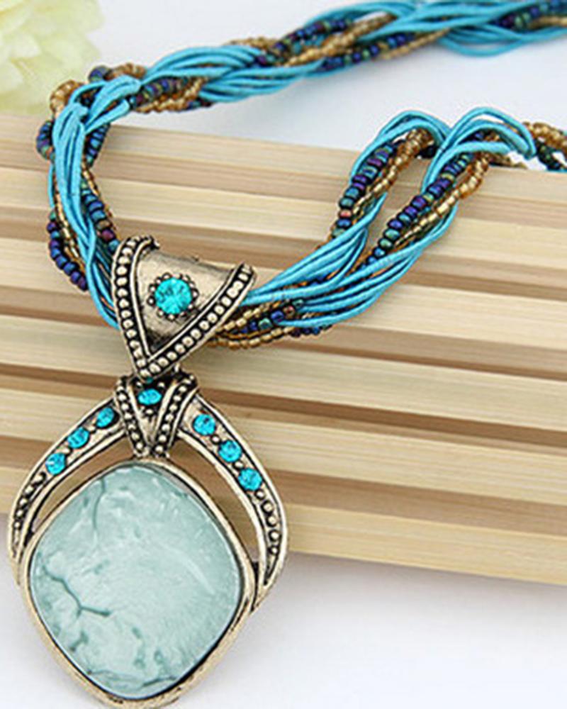 

1pc Bohemian Braided Turquoise Geometric Pendant Necklace, Blue