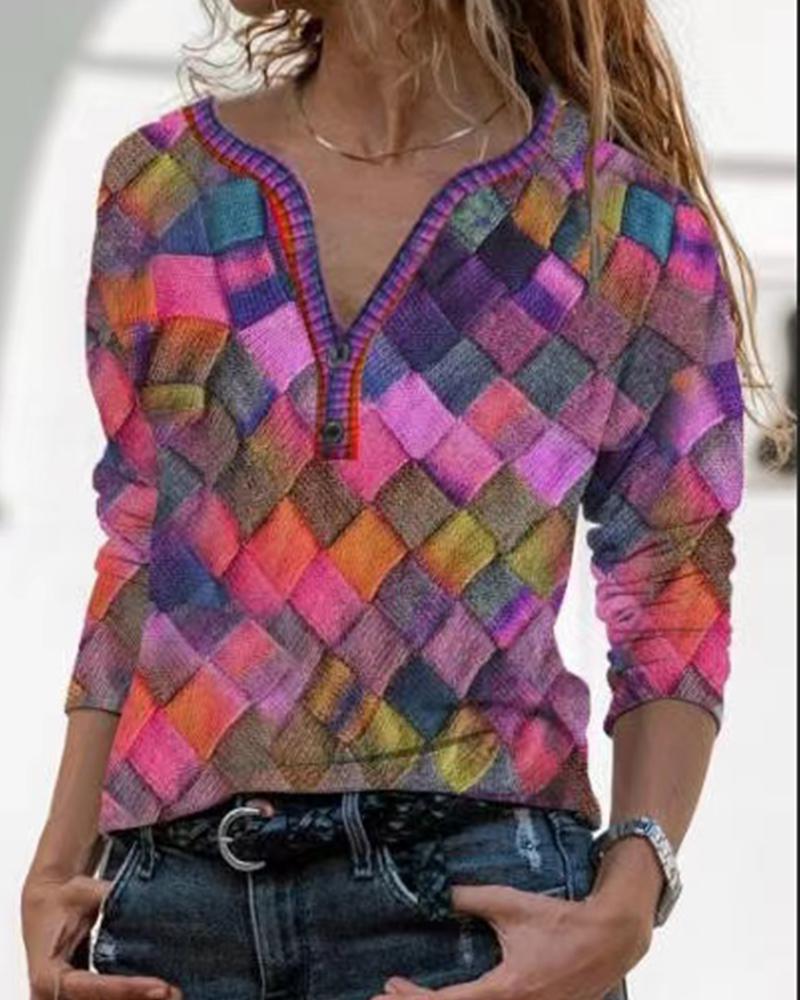 

Multicolor Diamond Print Long Sleeve Women Blouse, Pink