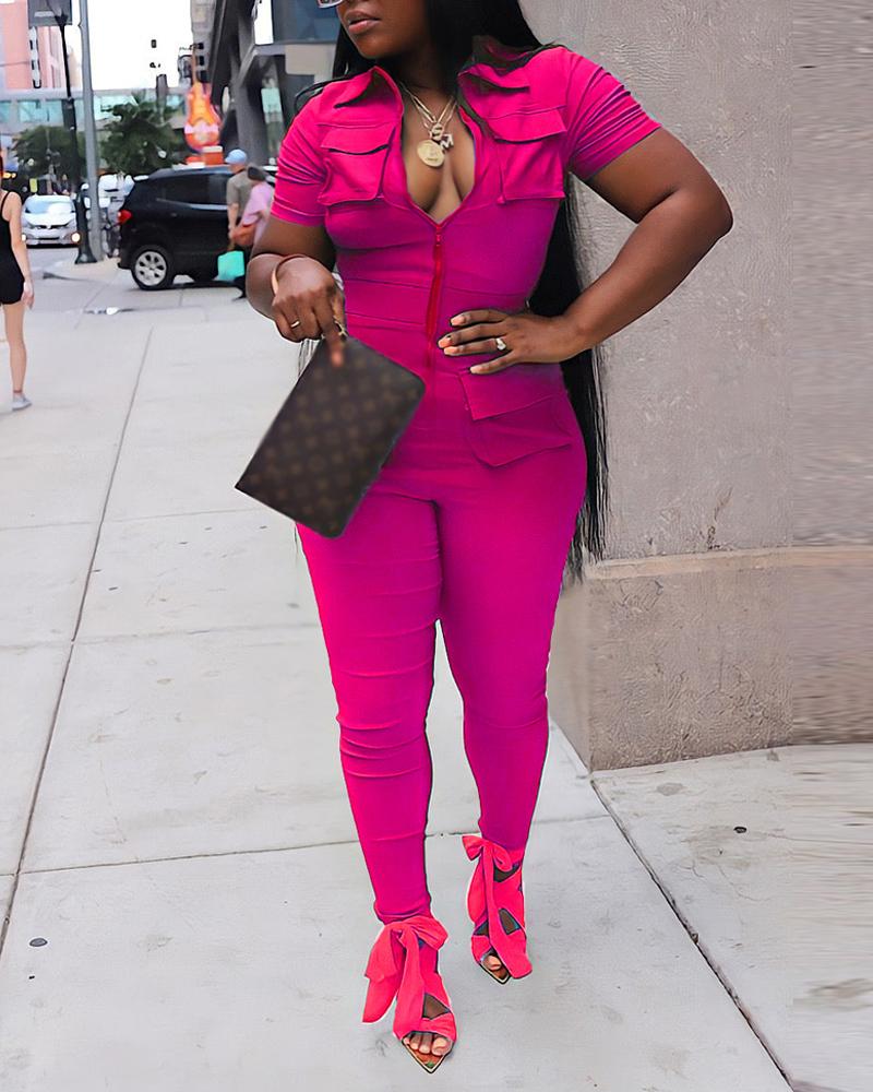 

Zipper Front Pocket Design Short Sleeve Jumpsuit, Hot pink