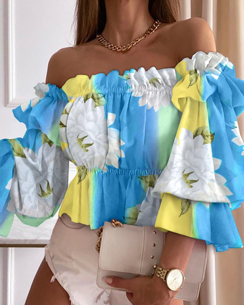 

Floral Print Off Shoulder Frill Hem Peplum Top, Blue