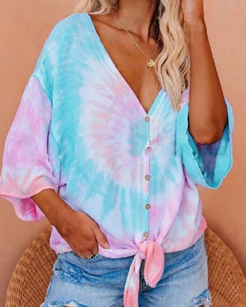 

Tie Dye Print Half Sleeve Button Blouse, Blue