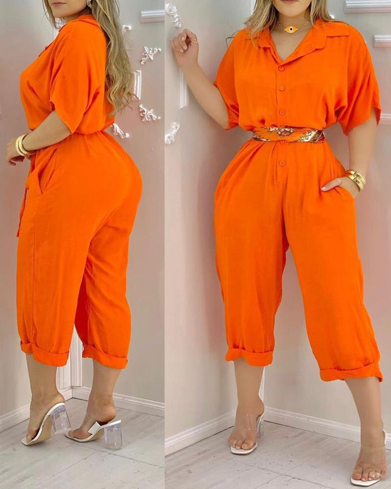 

Button Front Pocket Design Short Sleeve Jumpsuit, Orange