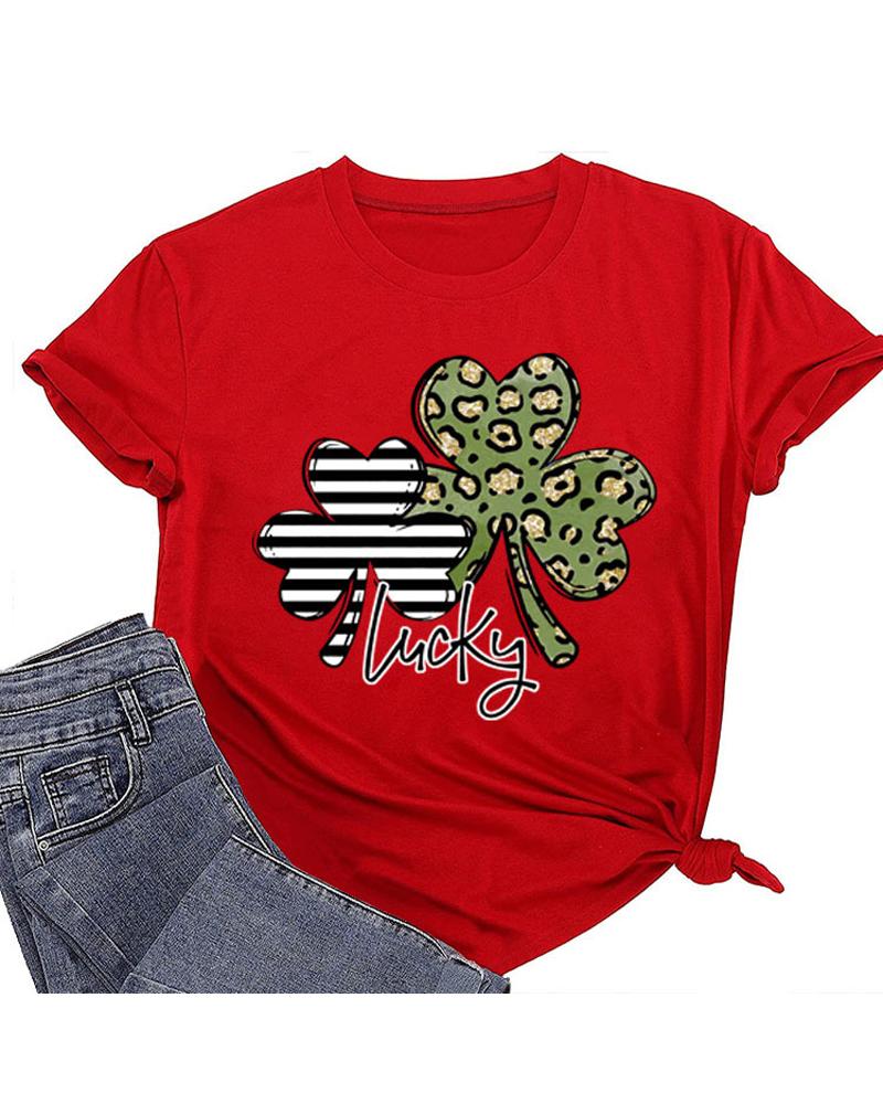 

St. Patrick' Day Letter Clover Print Casual T-shirt, Red