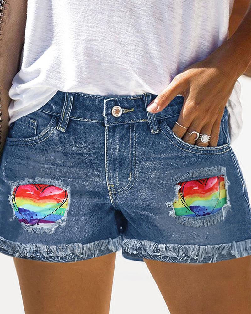 

Cinco De Mayo Rainbow Stripe Print Ripped Patchwork Denim Shorts, Blue