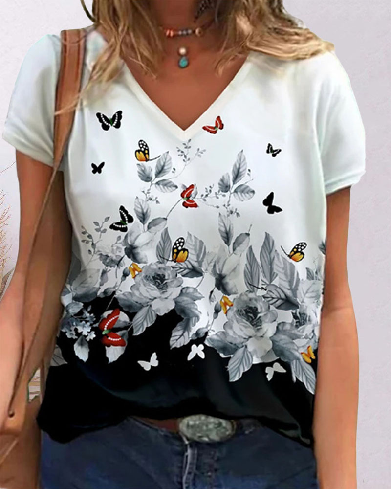 

Floral Butterfly Print Colorblock Casual T-shirt, Style2