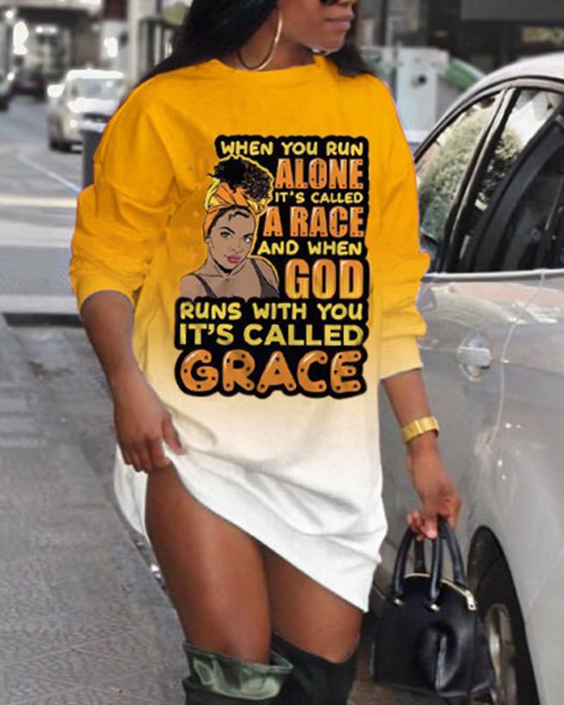

Plus Size Figure Letter Print Long Sleeve Sweatshirt Dress, Yellow