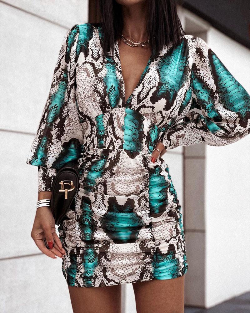 

Snakeskin Print Lantern Sleeve Ruched Bodycon Dress, Blue