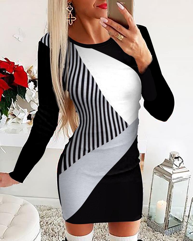 

Geometric Print Long Sleeve Bodycon Dress, Black