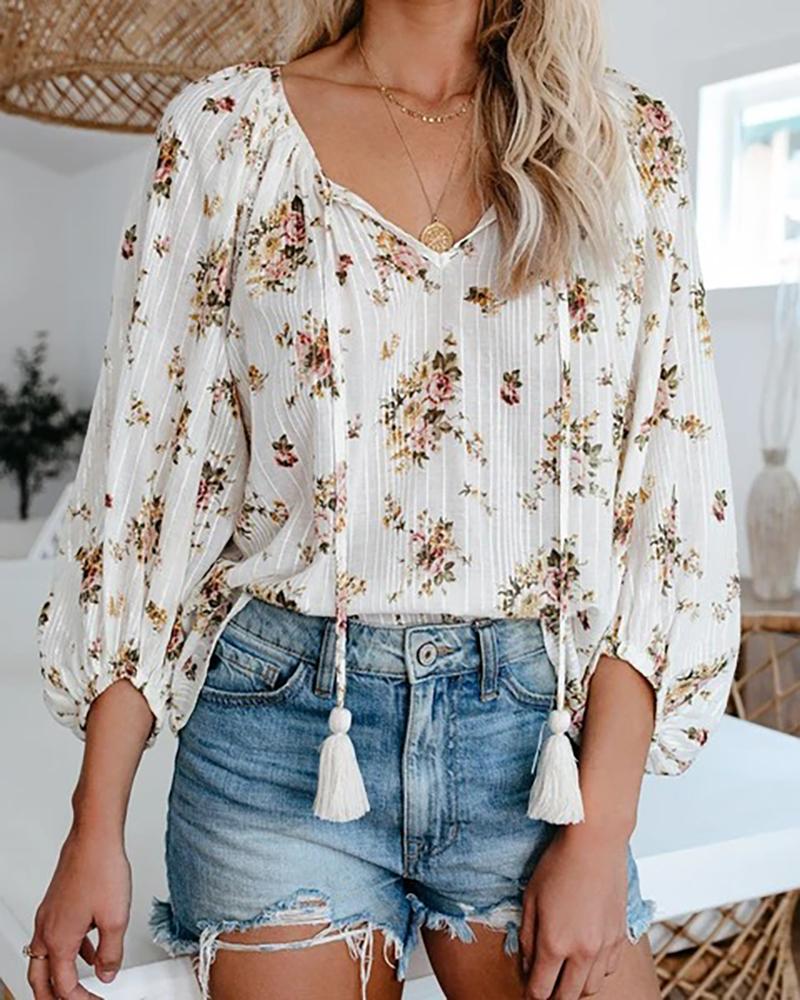 

Floral Print V-neck Tassel Casual Blouse, White
