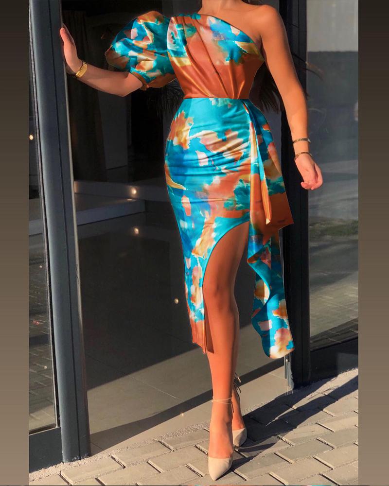 

Tie Dye One Shoulder Puff Sleeve Ruched Slit Dress, Multicolor