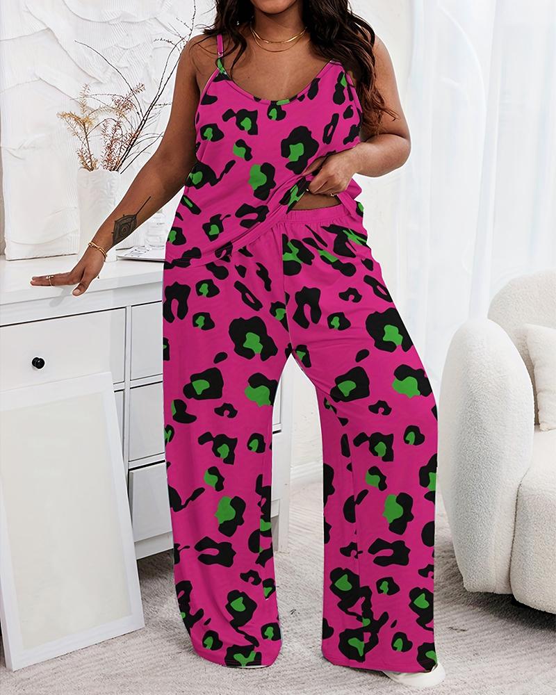

Plus Size Pink Leopard Print Spaghetti Strap Pajamas Set, Rose red