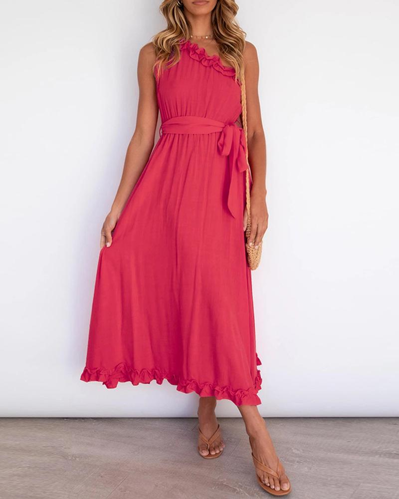 

One Shoulder Frill Hem Ruffles Maxi Dress, Red