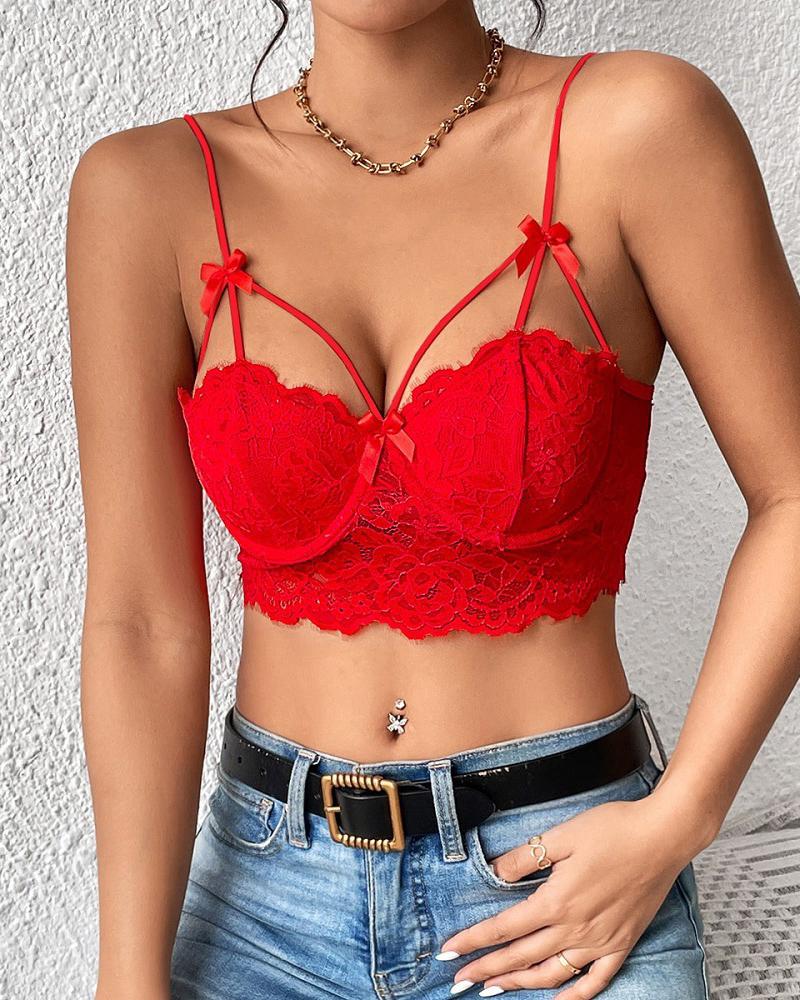 

Bowknot Decor Crochet Lace Bra, Red