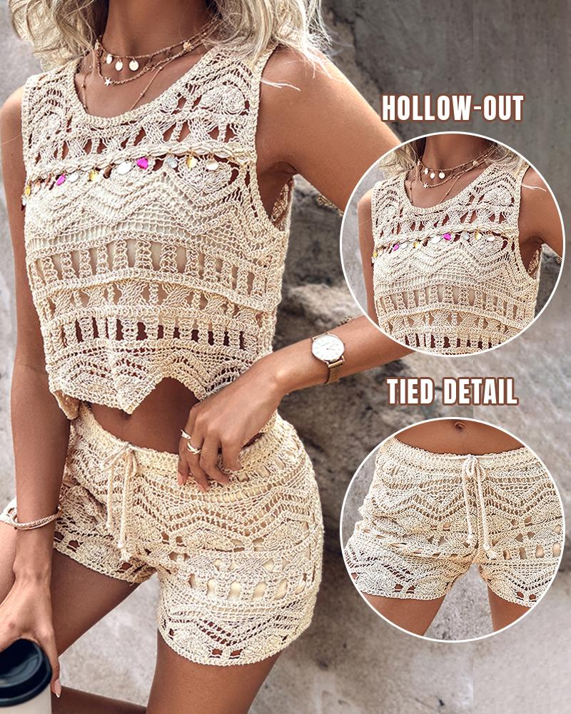 

Crochet Lace Sleeveless Crop Knit Top & Shorts Set, Apricot