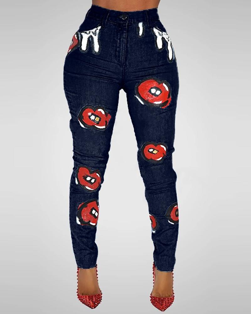 

Lip Pattern High Waisted Button Design Jeans, Dark blue