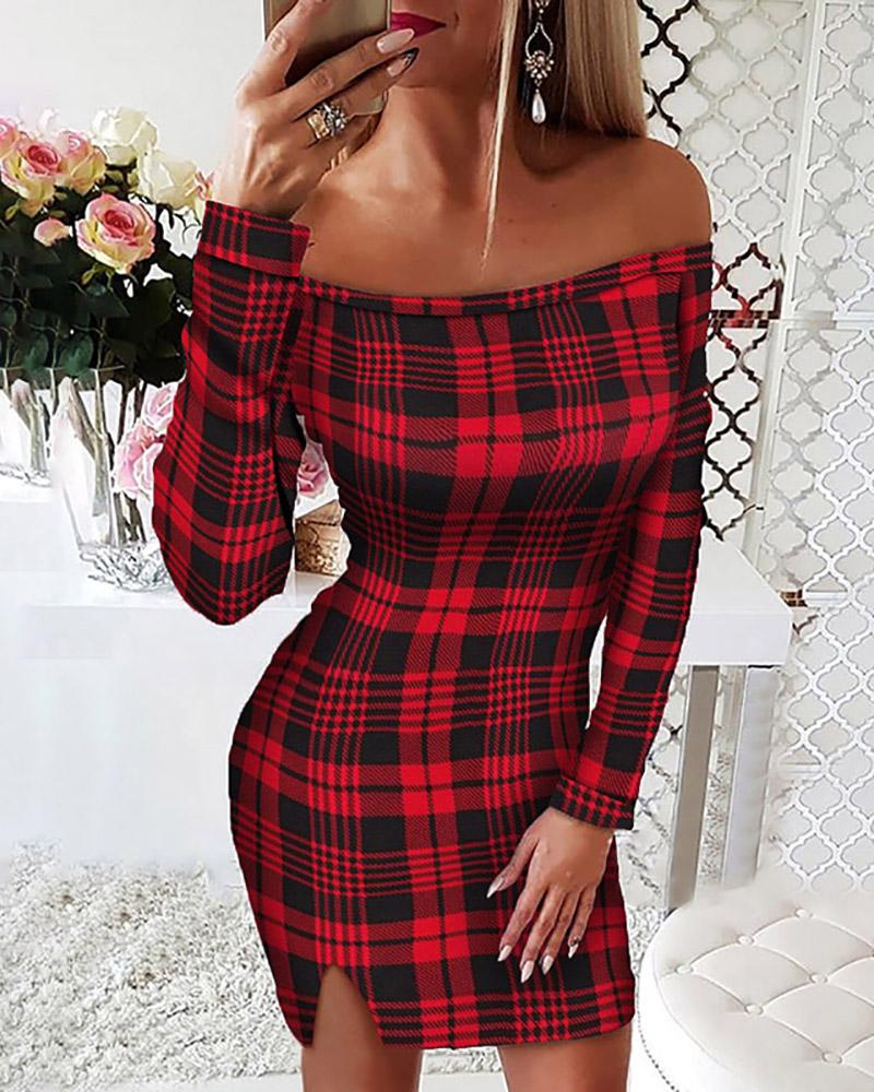 

Christmas Off Shoulder Plaid Print Slit Bodycon Dress, Red