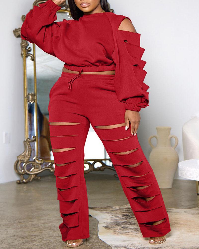 

Plus Size Ladder Cutout Long Sleeve Top & Pants Set, Red