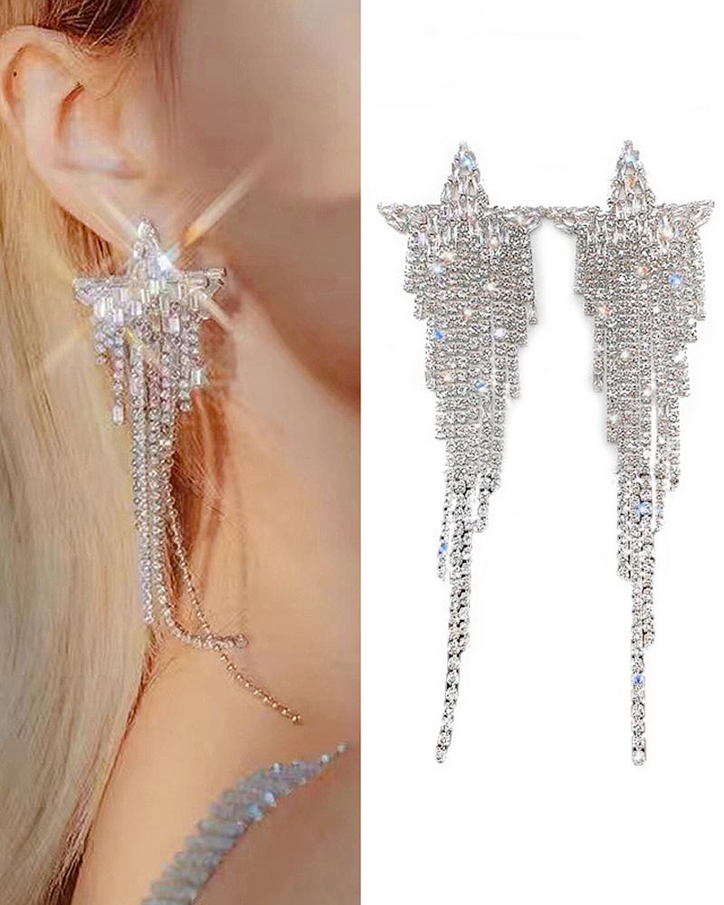 

1Pair Star Shaped Allover Rhinestone Tassel Drop Earrings, Silver