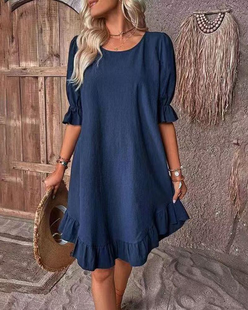 

Round Neck Bell Sleeve Ruffle Hem Casual Dress, Dark blue