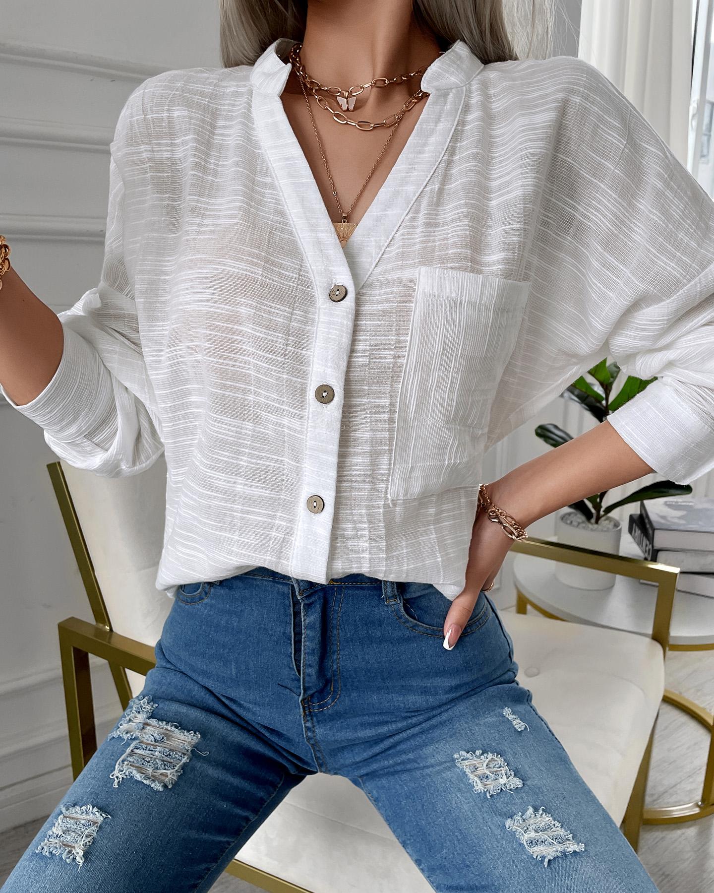 

Long Sleeve Linen Casual Blouse, White
