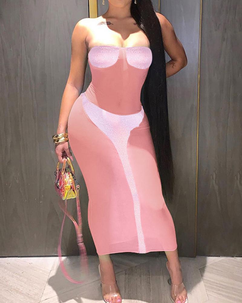

Colorblock Sleeveless Slim Off Shoulder Midi Dress, Pink