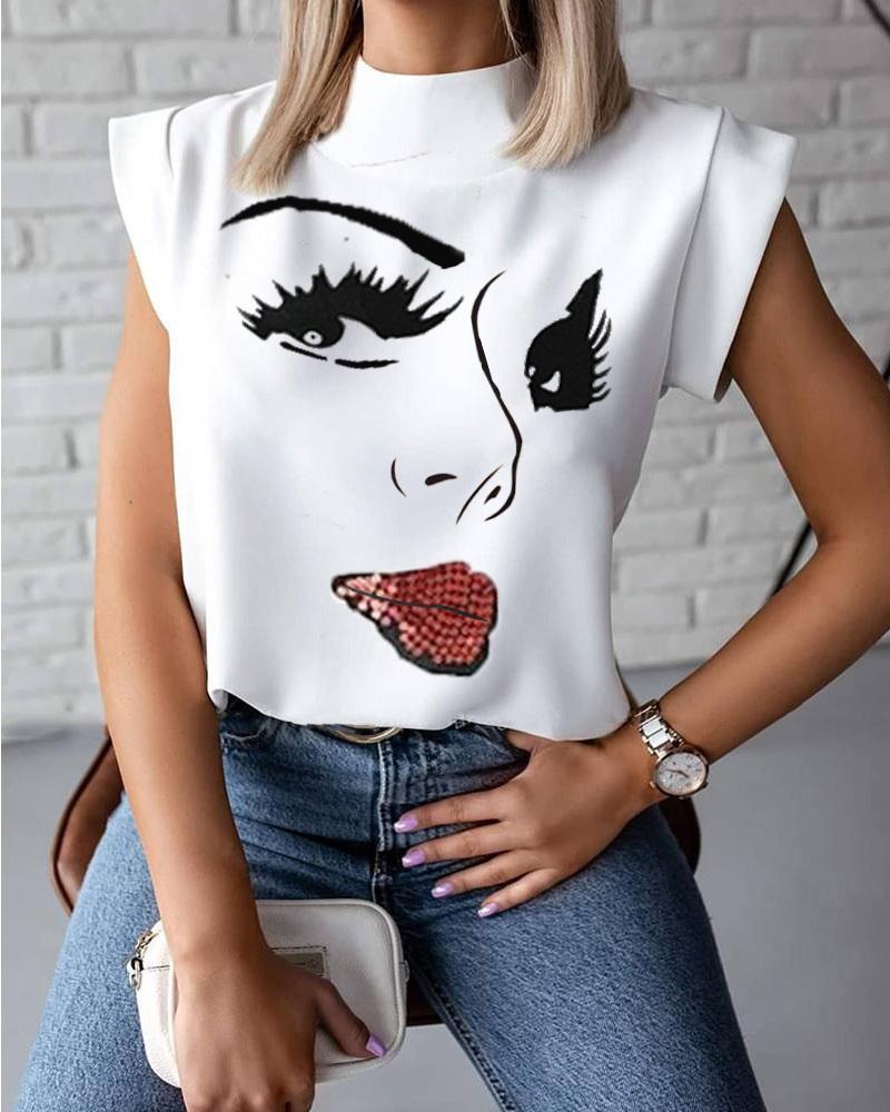 

Figure Print Casual Top, White