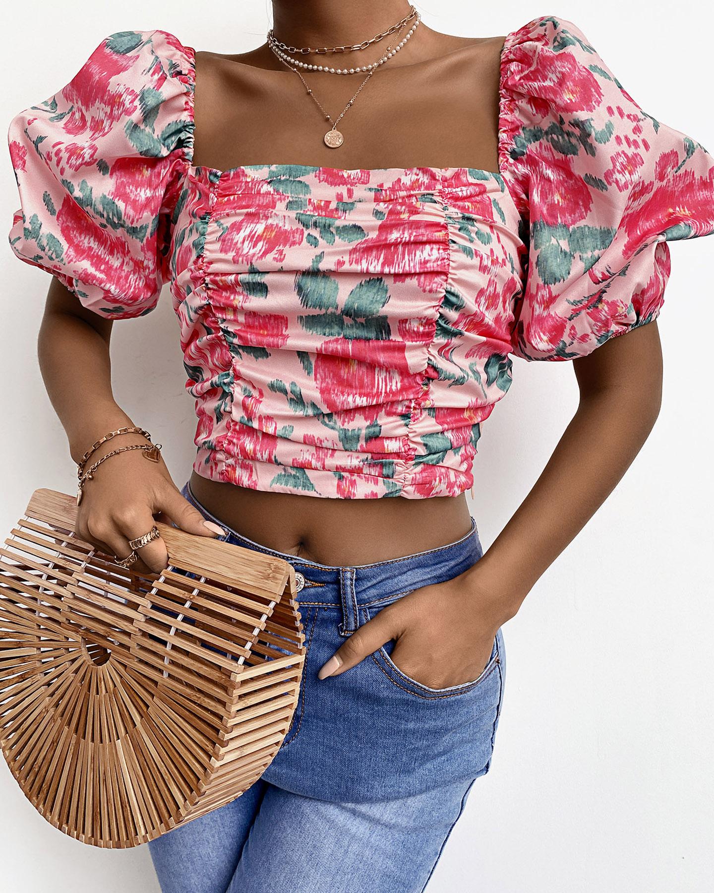

Floral Print Puffed Sleeve Ruched Top, Multicolor
