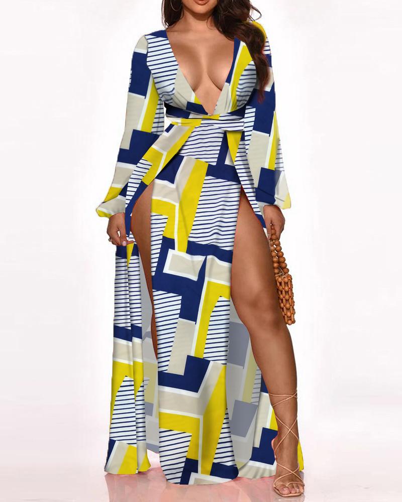

Floral Print High Slit Plunge Lantern Sleeve Maxi Dress, Multicolor