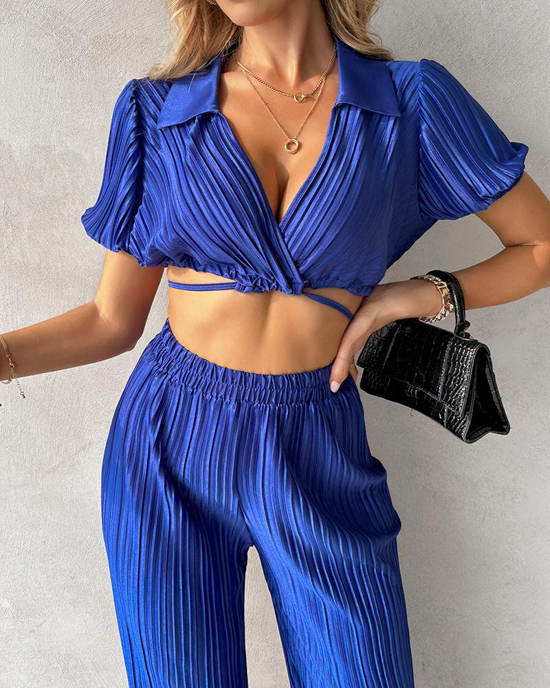

Tied Detail Crop Top & High Waist Pants Set, Blue