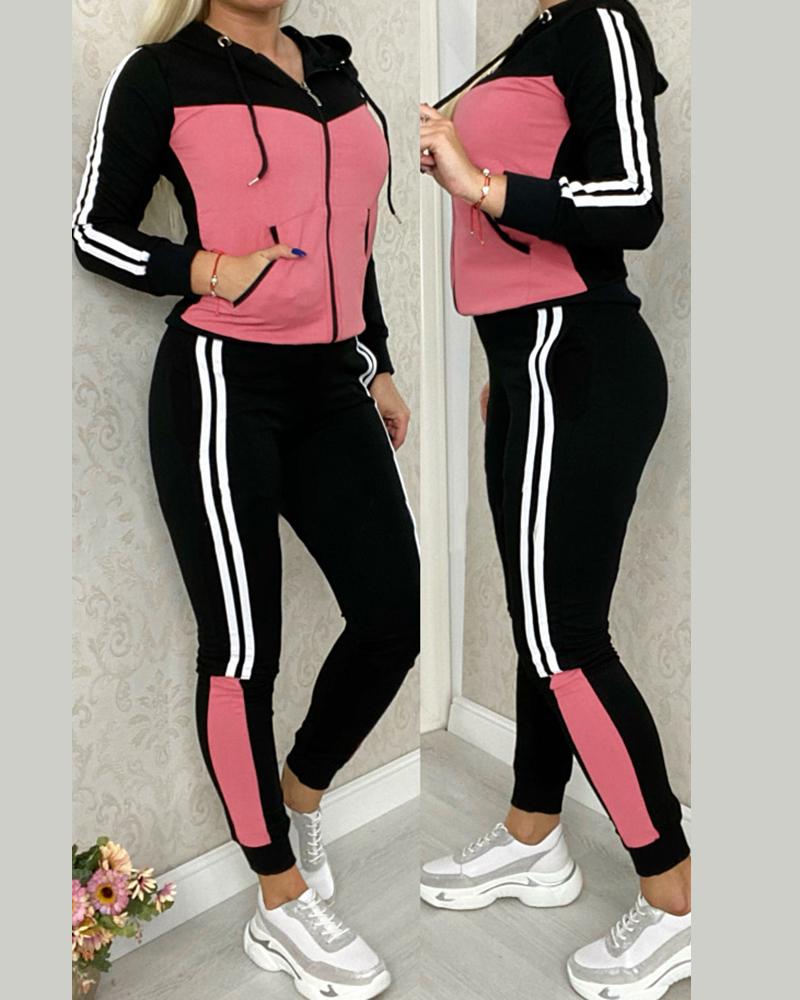 

Striped Colorblock Hooded Coat & Pants Set, Pink