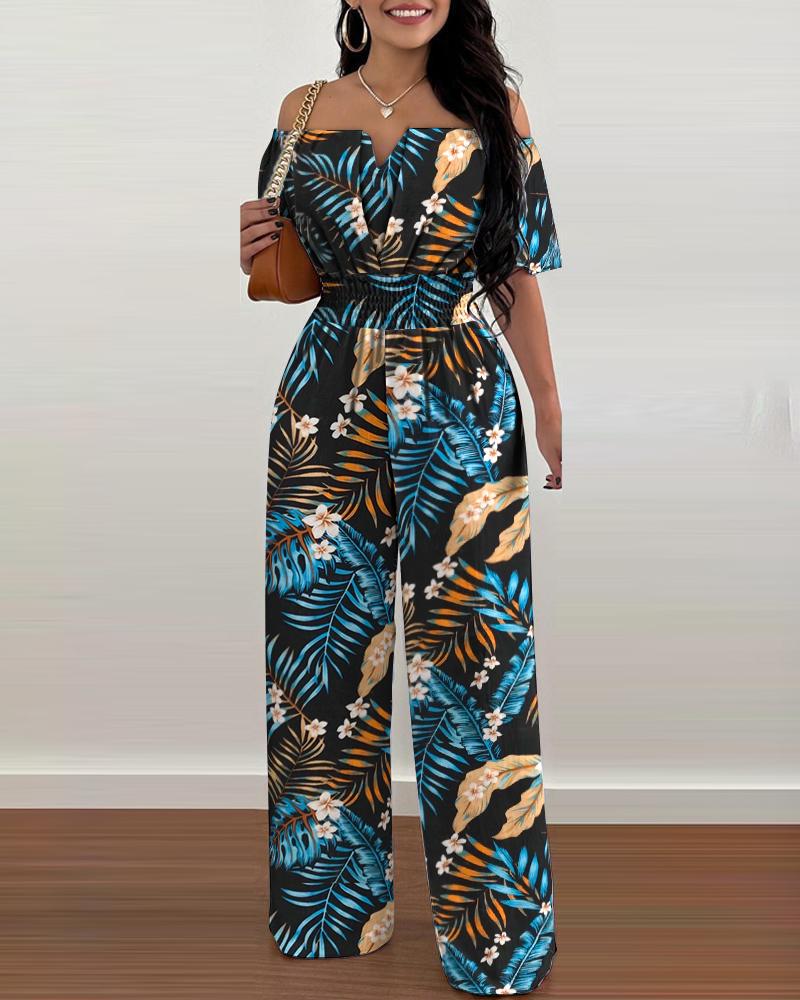 

Tropical Print Off Shoulder Shirred Waist Jumpsuit, Black