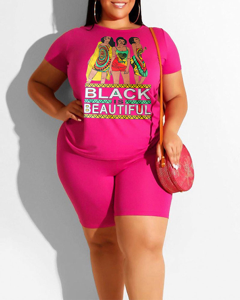 

Plus Size Figure Letter Print Top & Shorts Set, Hot pink