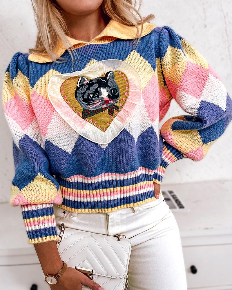 

Colorblock Cat Pattern Lantern Sleeve Sweater, Blue