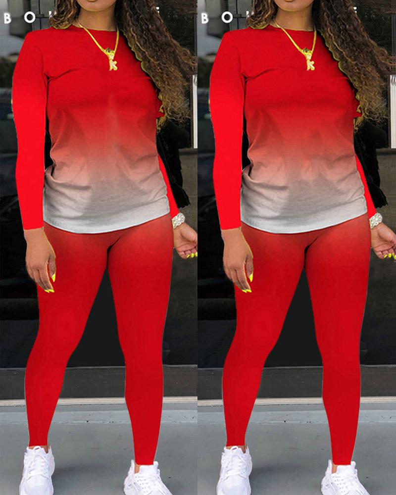 

Plus Size Ombre Long Sleeve Top & Pants Set, Red